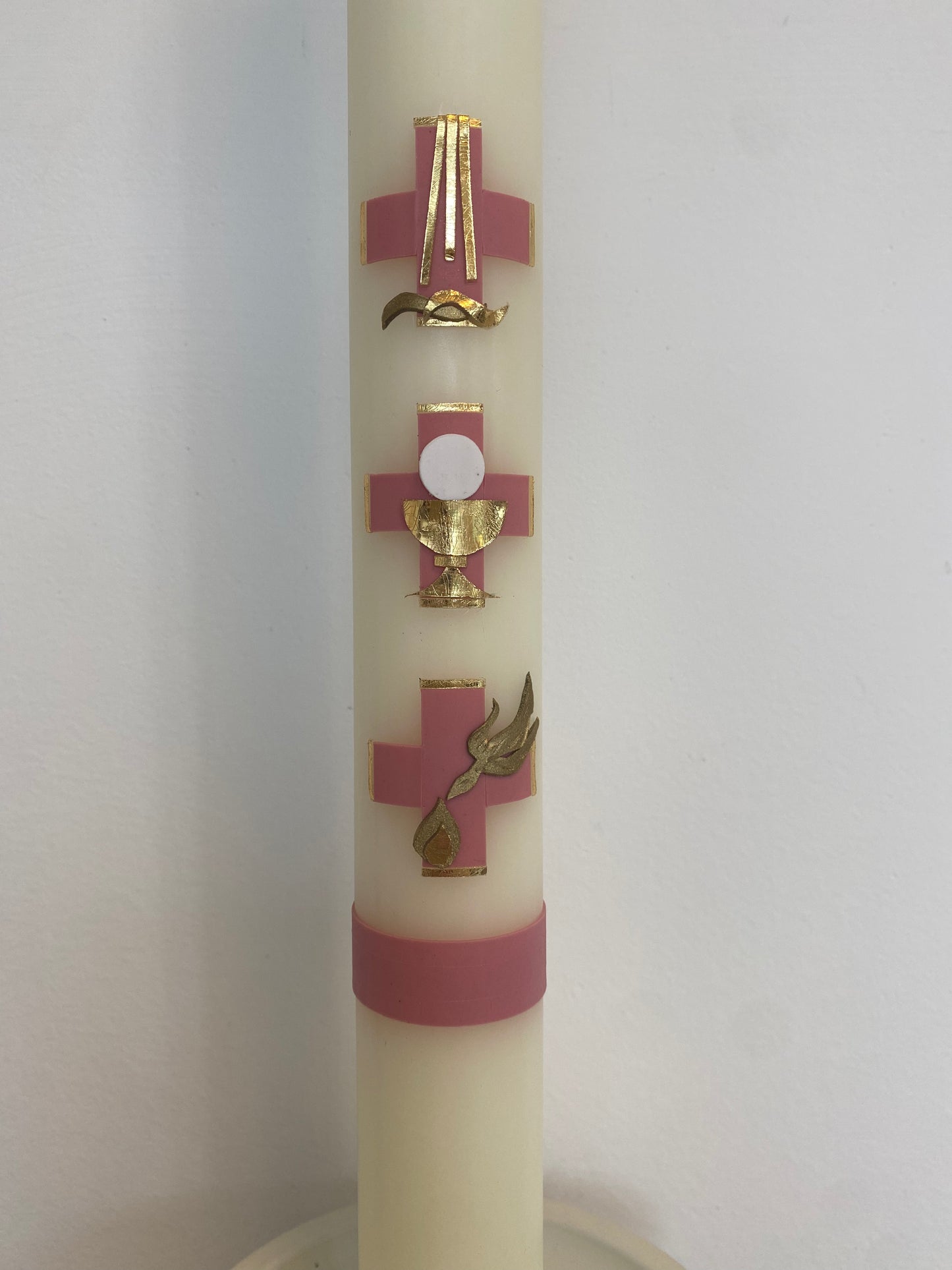 Taufkerze "3 Symbole" altrosa